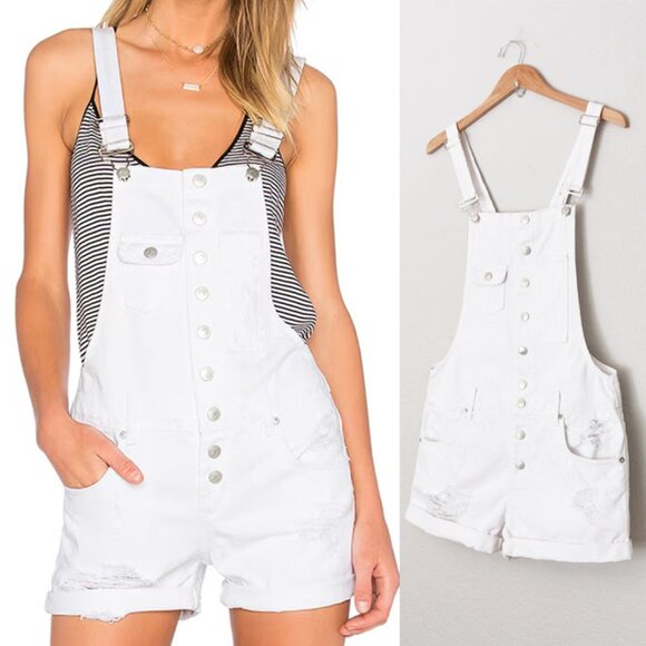 Lovers and Friends Shane Overall Shortall M Kinston White Denim Distressed $178 - Picture 3 of 16